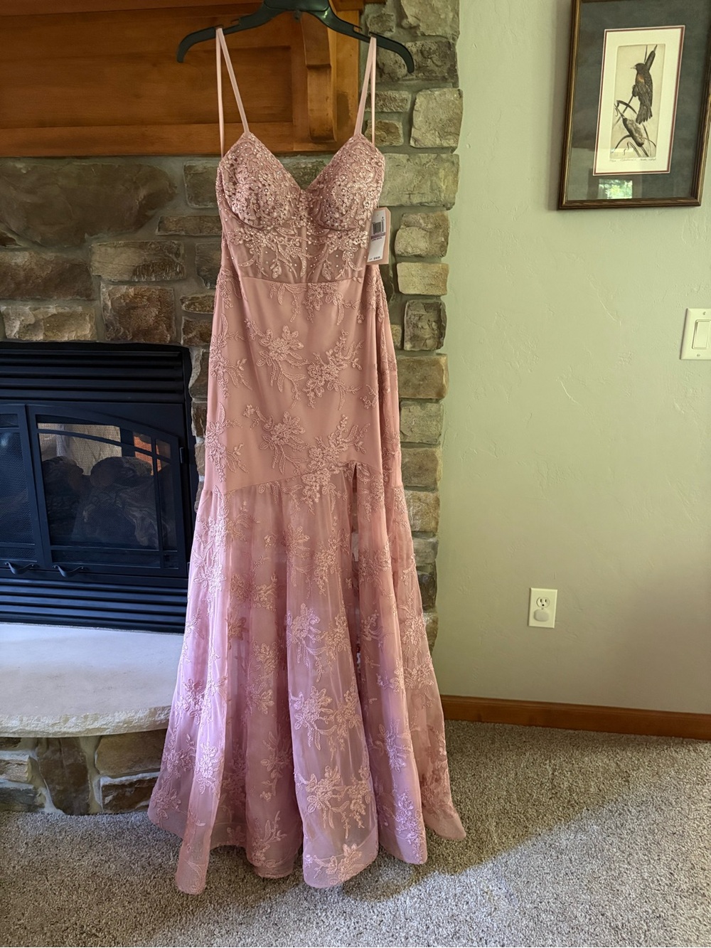 City Studios Dusty Rose Beaded Stretch Lace Corset Maxi Dress Spaghetti Straps L